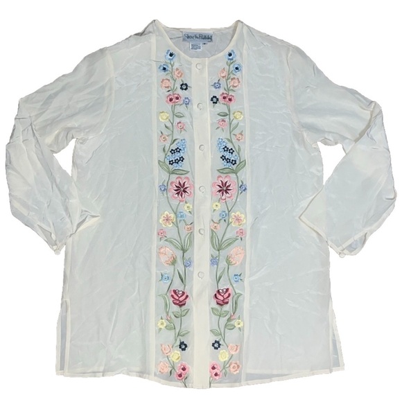 Diane Von Furstenberg Vintage Silk Embroidered Floral Blouse Button Front Medium - Picture 1 of 8